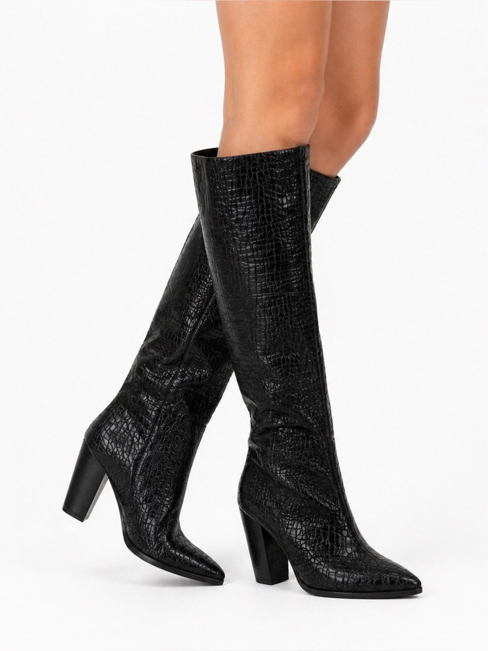 Schutz Analeah 85MM Croc-Embossed Leather Knee High Boots Pointed Toe Size 5B